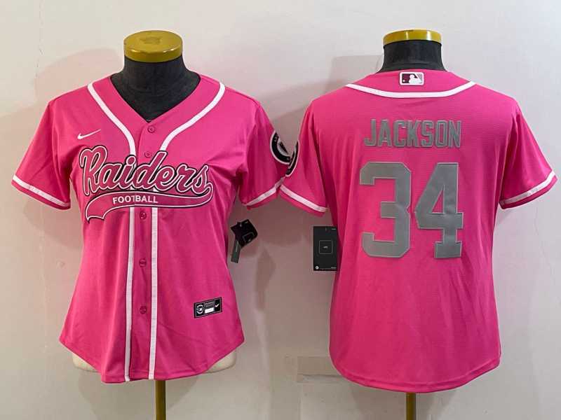 Womens Las Vegas Raiders #34 Bo Jackson Pink With Patch Cool Base Stitched Baseball Jersey